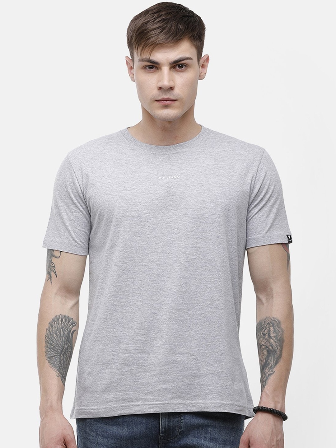 

Voi Jeans Men Grey Solid Round Neck Cotton Pure Cotton T-shirt