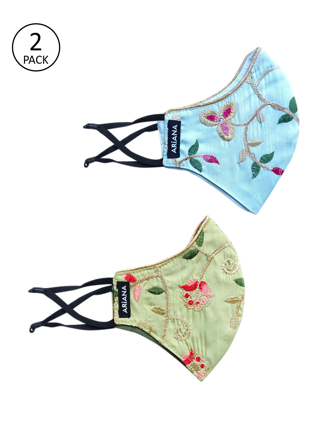 

Ariana Women Pack Of 2 Green & Blue Intricate Floral Embroidered Reusable 2-Ply Face Masks