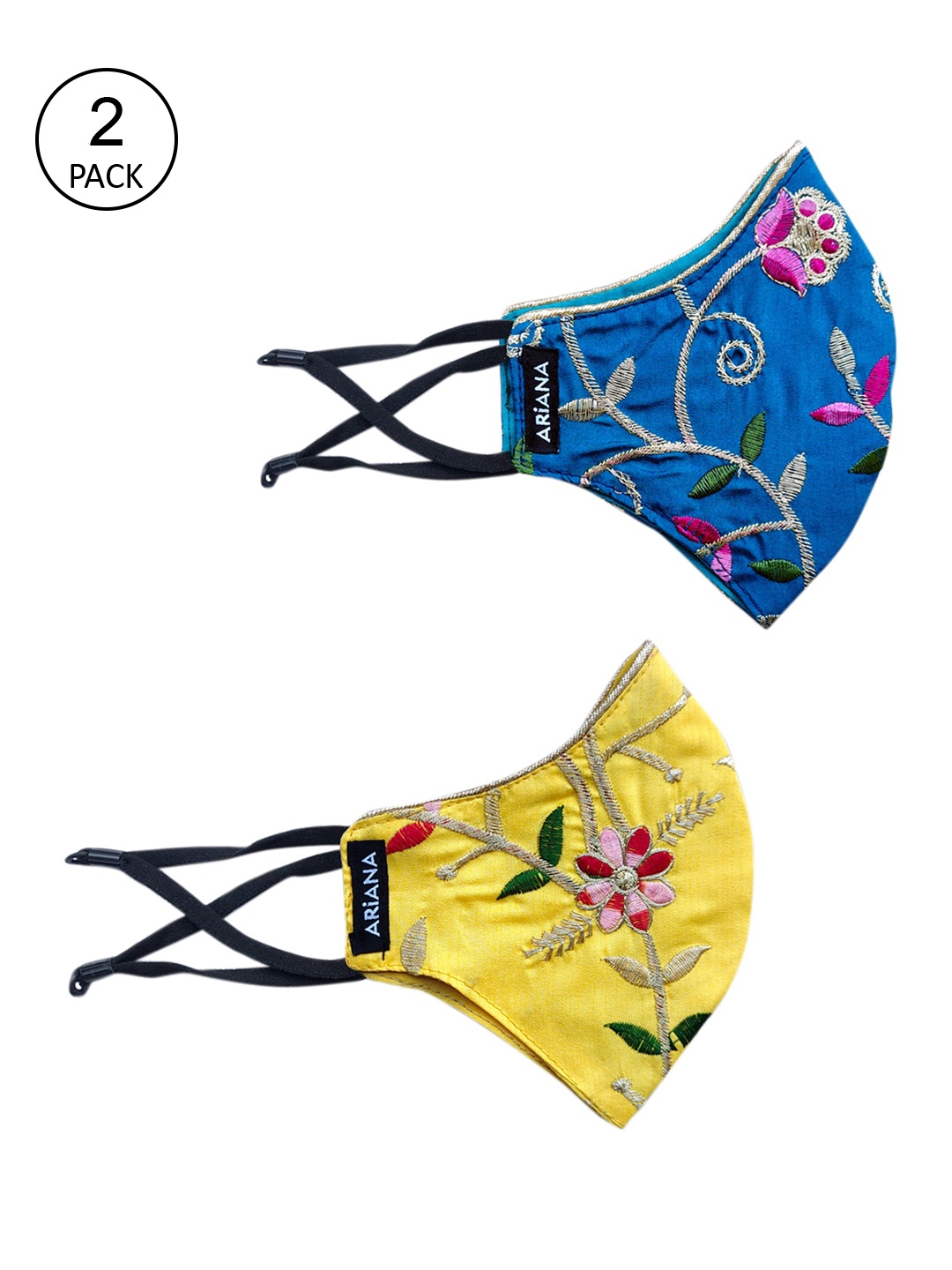 

Ariana Pack Of 2 Floral Embroidered Reusable 2-Ply Cloth Masks, Blue