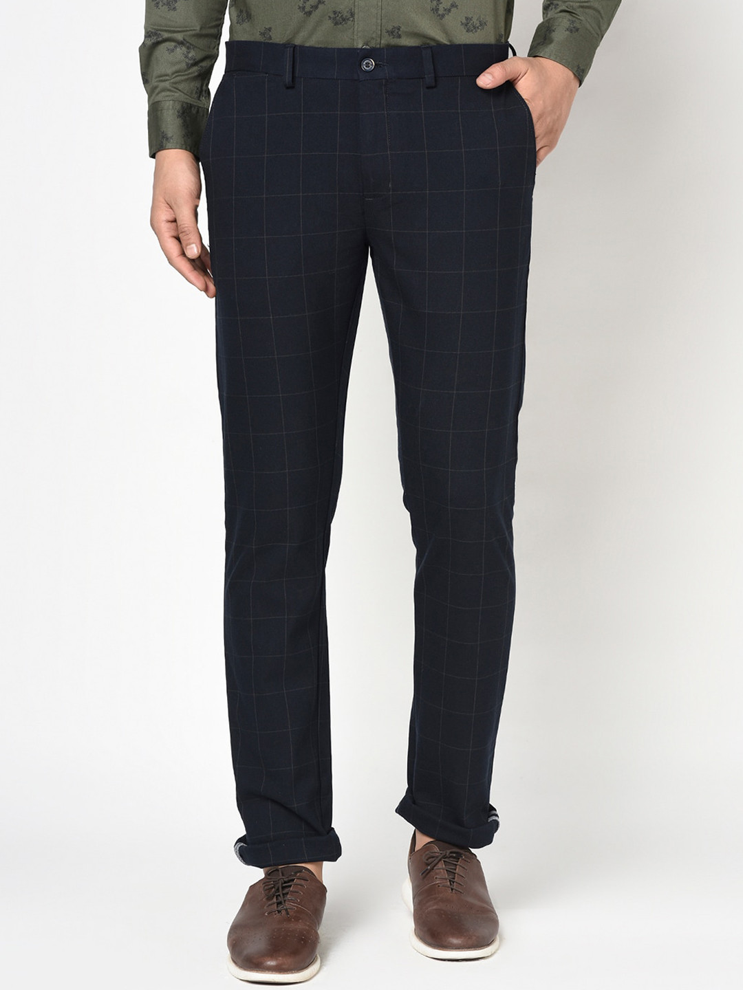 

Blackberrys Men Navy Blue B-95 Slim Fit Checked Regular Trousers