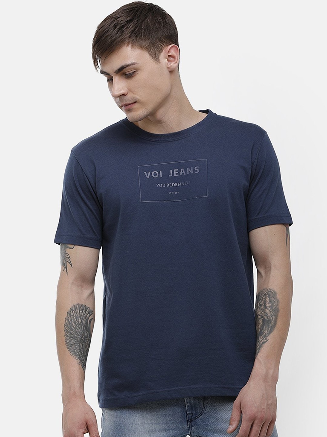 

Voi Jeans Men Navy Blue Printed Round Neck Cotton Pure Cotton T-shirt