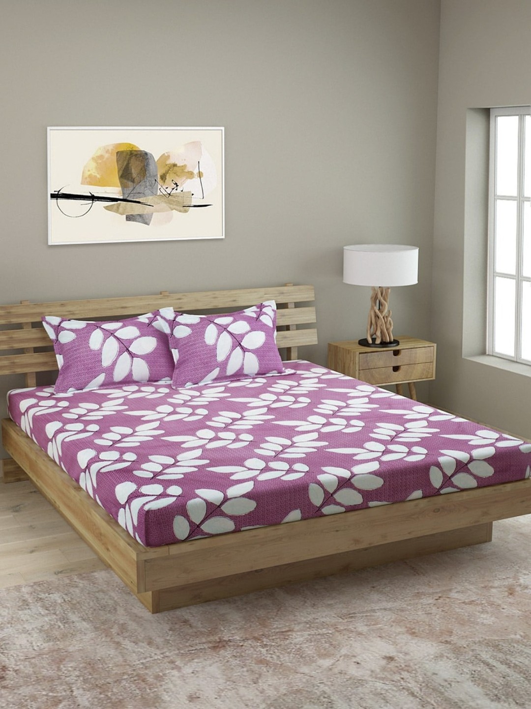 

ROMEE Purple & White Floral 144 TC Cotton 1 Queen Bedsheet with 2 Pillow Covers