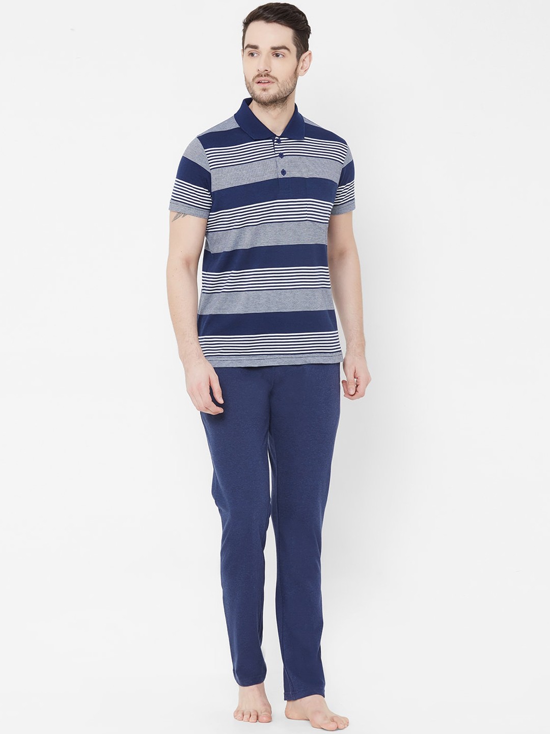 

Sweet Dreams Men Navy Blue & Grey Striped Night suit