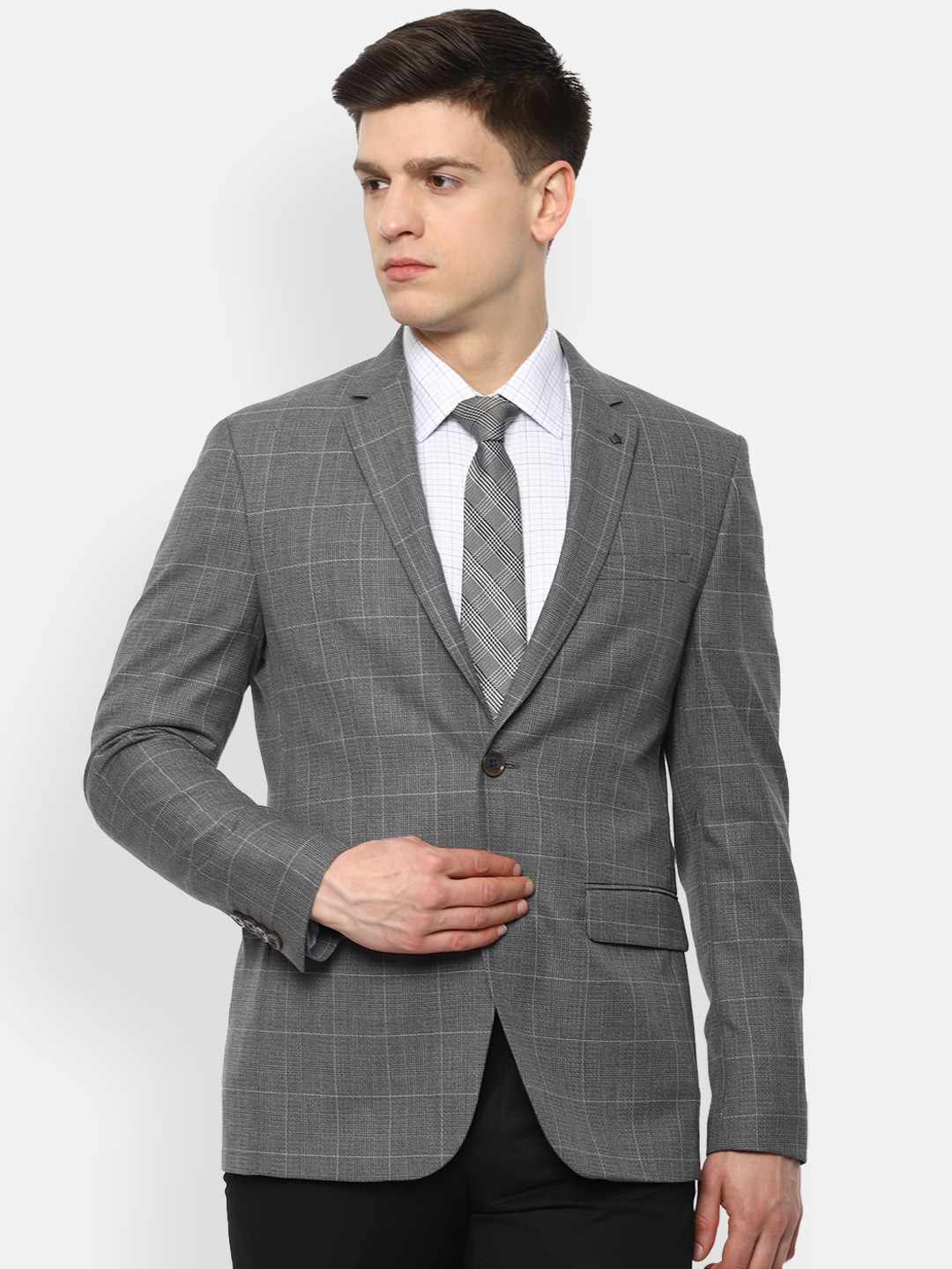 

Louis Philippe Men Grey Checked Slim-Fit Single-Breasted Formal Blazer