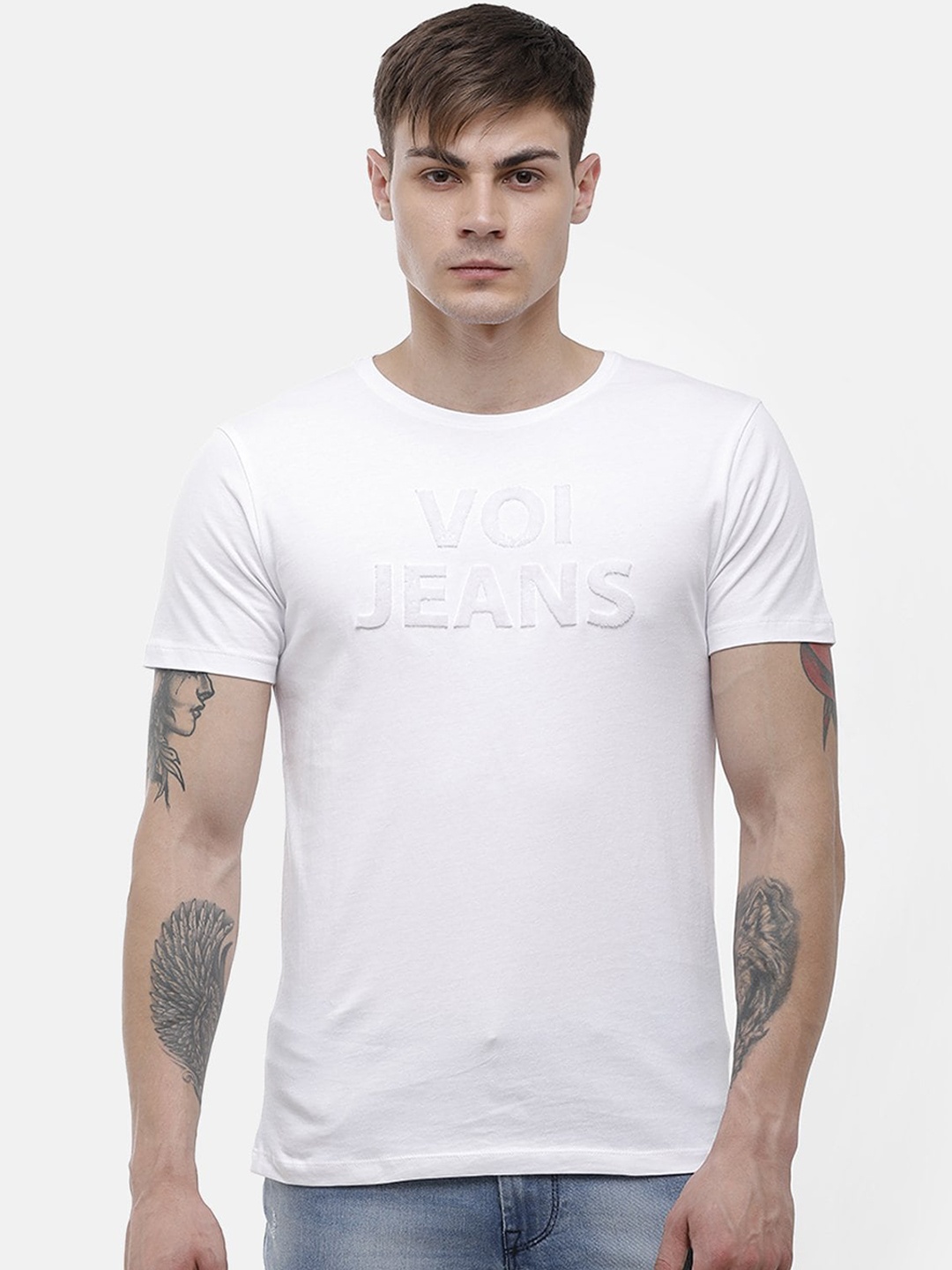 

Voi Jeans Men White Embroidered Round Neck Pure Cotton T-shirt