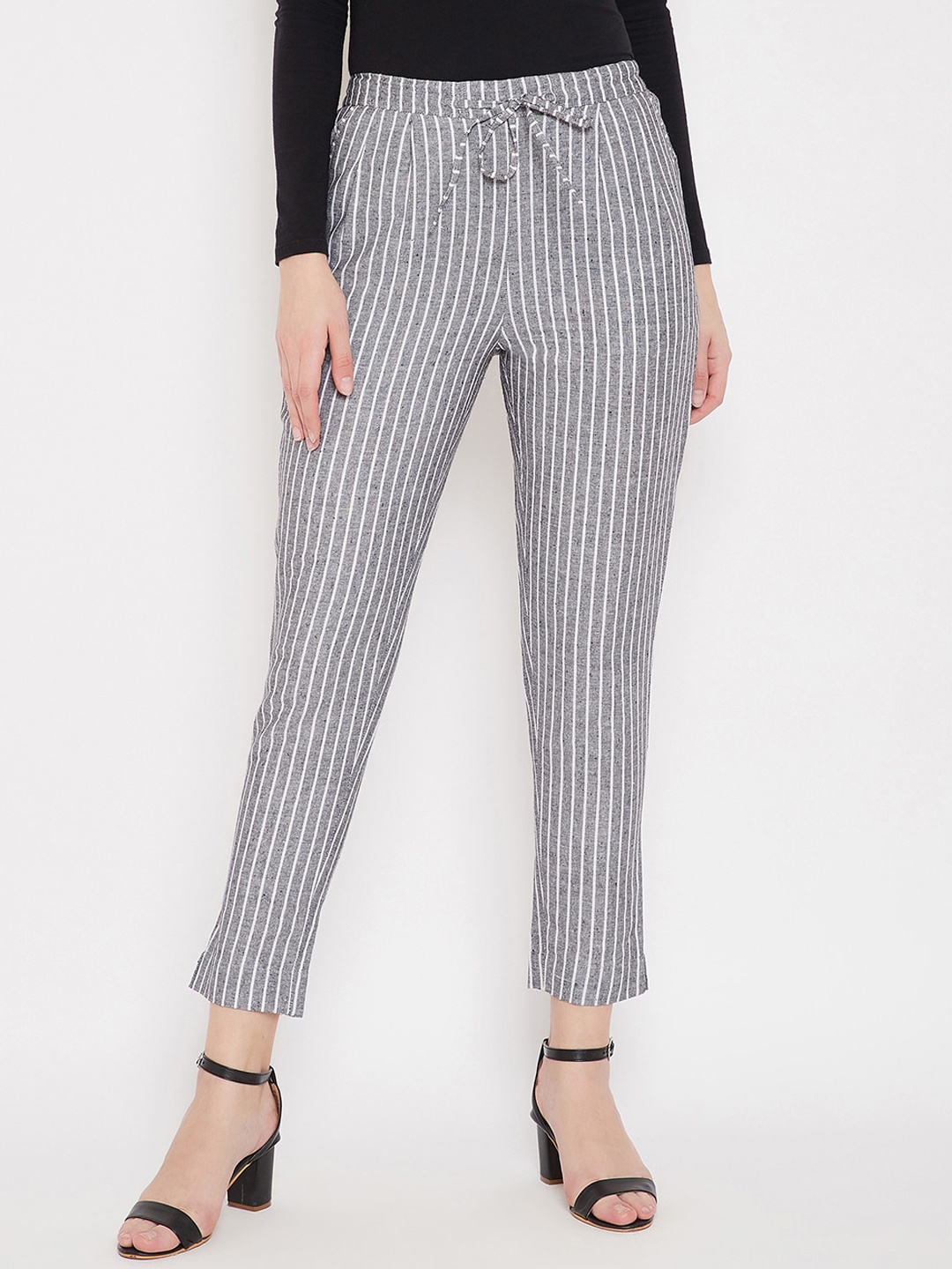 

Bitterlime Women Grey & White Striped Regular Trousers