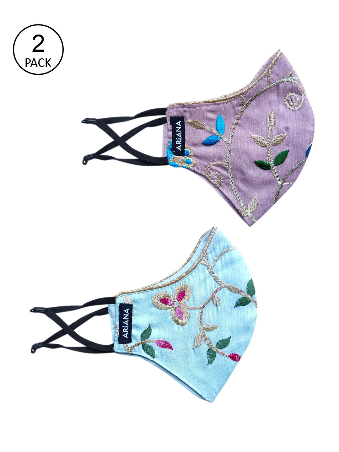 

Ariana Women Pack Of 2 Intricate Floral Embroidered 2-Ply Reusable Cloth Masks, Lavender