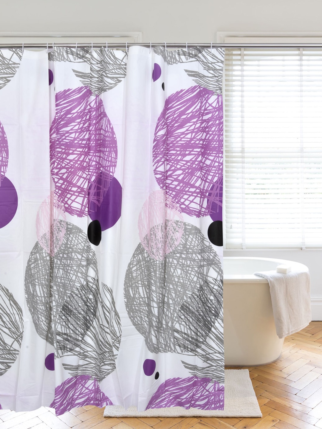

Clasiko White & Purple Printed Shower Curtains With Hooks