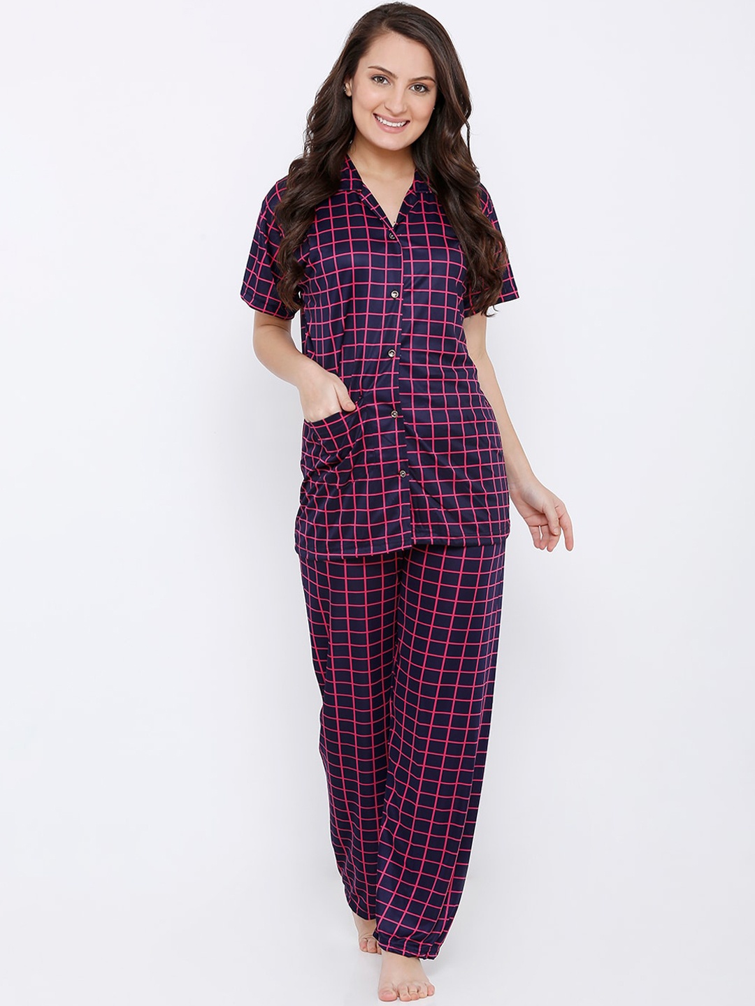 

Pretty Awesome Women Navy Blue & Pink Checked Night suit