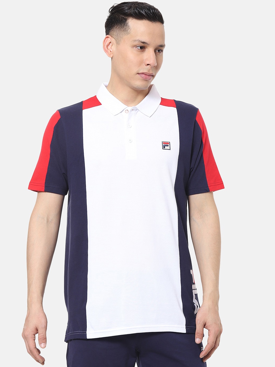 

FILA Men Navy Blue & White Colourblocked Polo Collar T-shirt