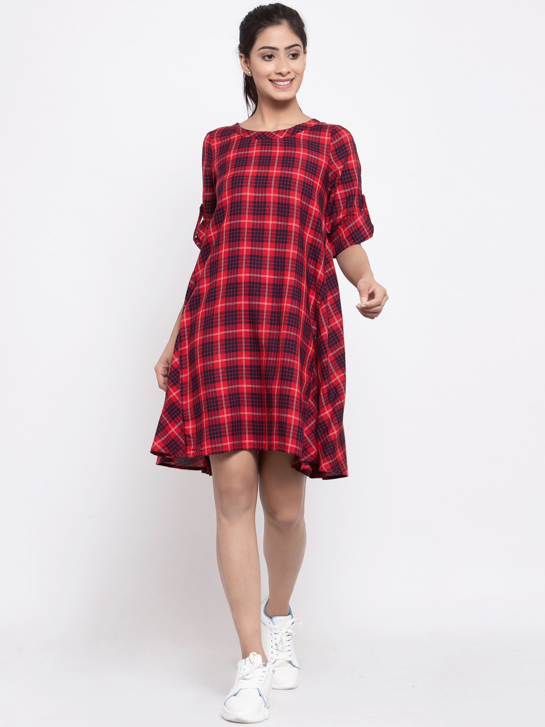 

TERQUOIS Women Red Checked Oversized A-Line Dress