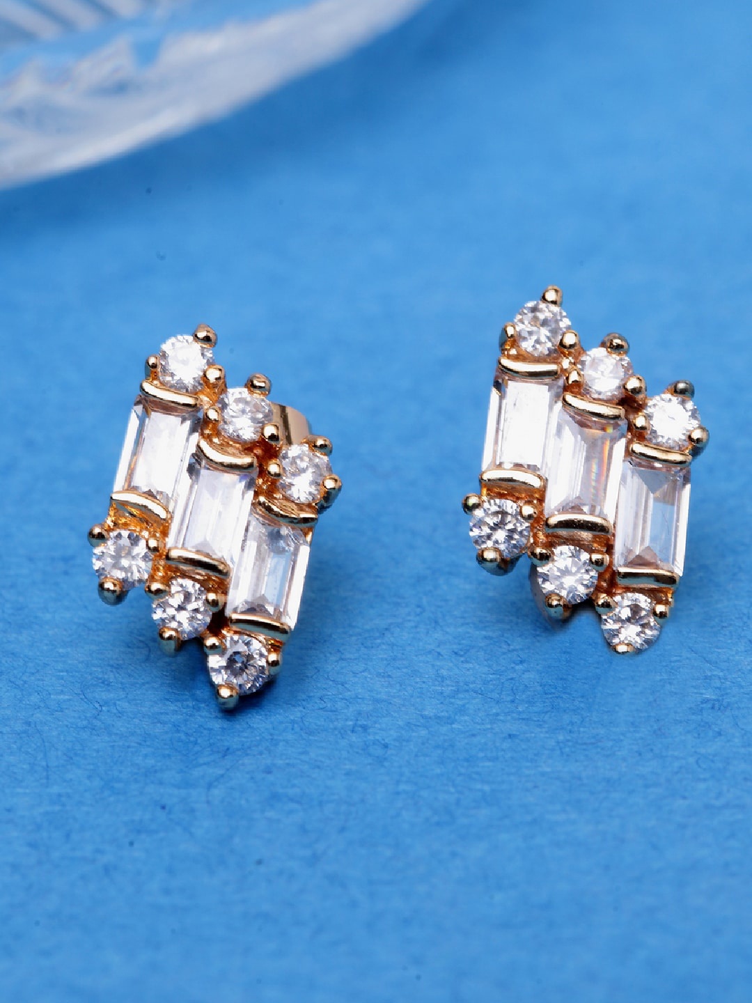 

ANIKAS CREATION Gold-Plated & White AD Studded Contemporary Studs
