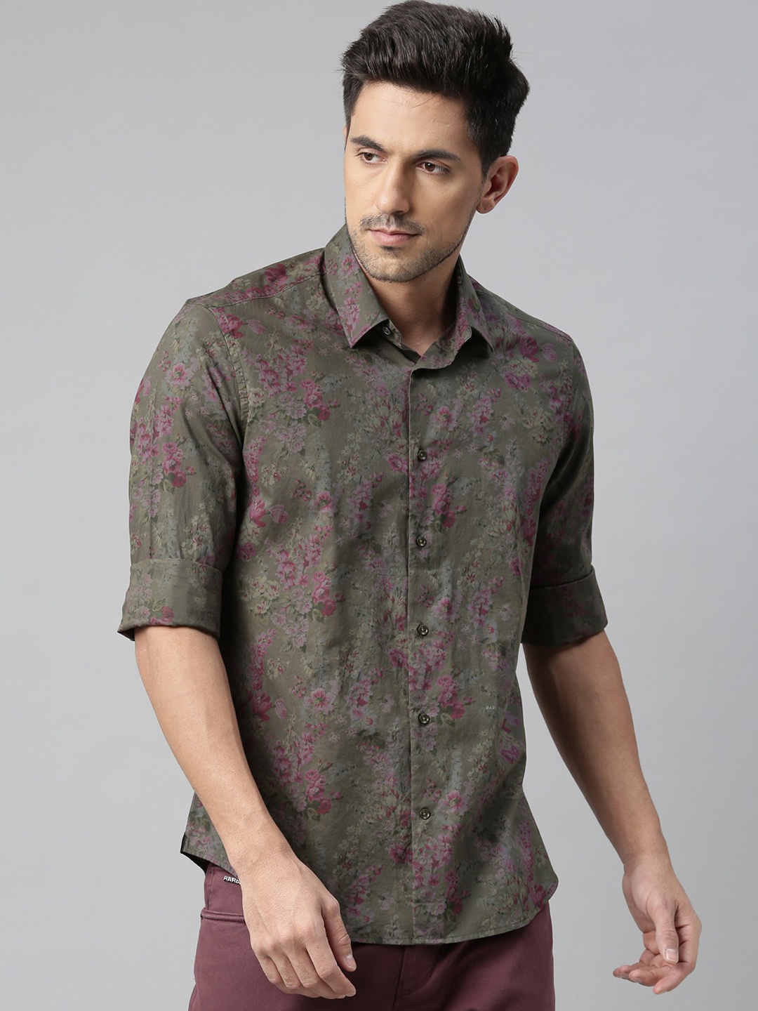 

RARE RABBIT Men Olive Green Regular Fit Floral Printed Casual Shirt