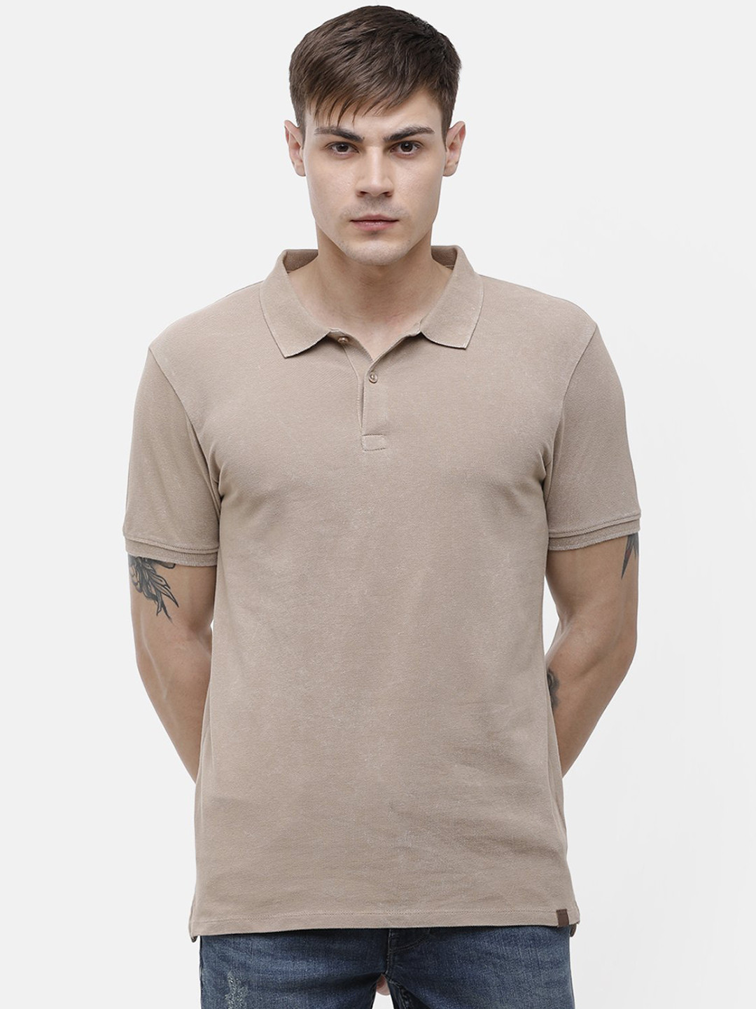 

Voi Jeans Men Beige Solid Polo Collar Pure Cotton T-shirt