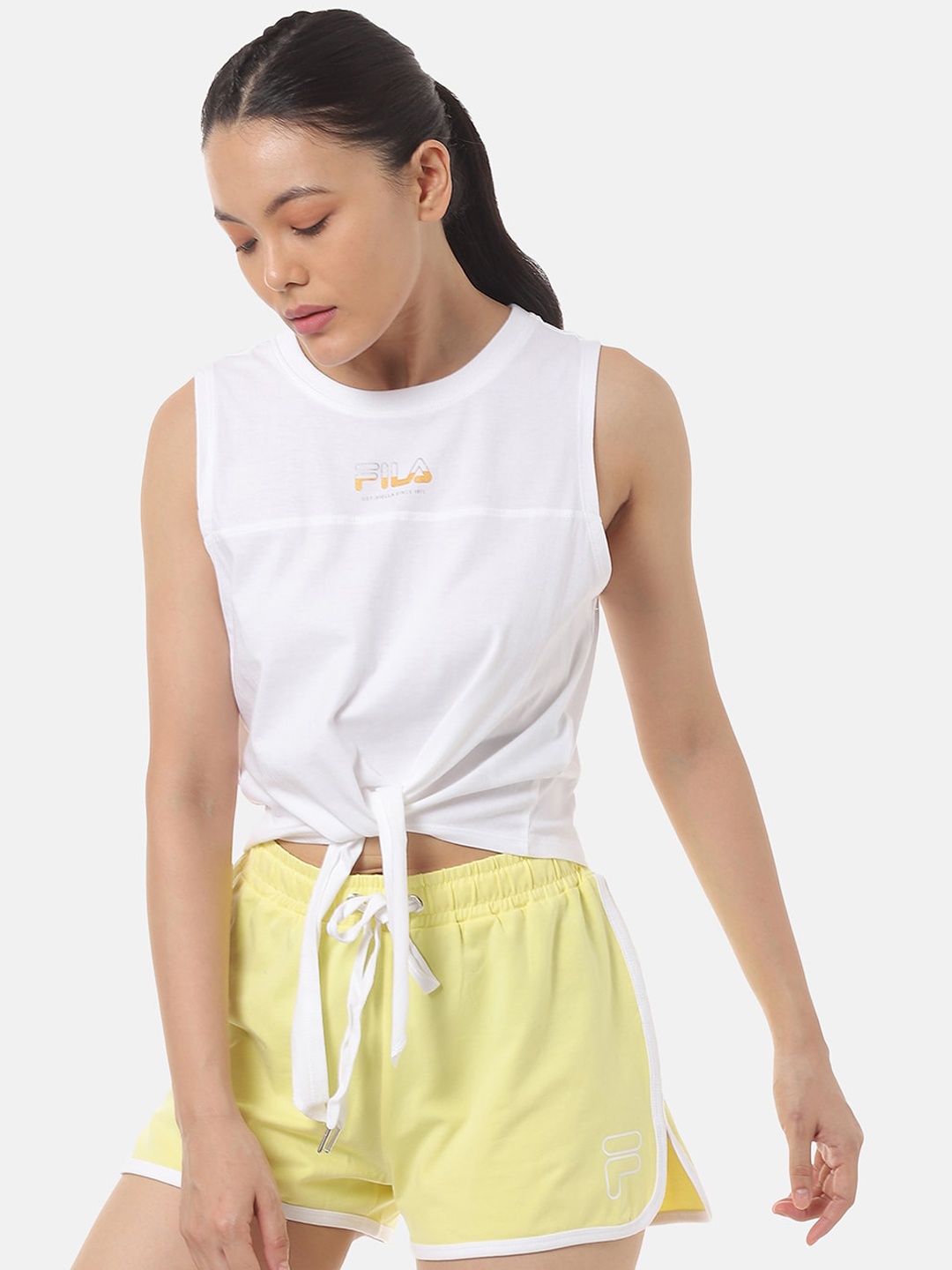 

FILA Women White Solid Round Neck Tie Up Crop T-shirt