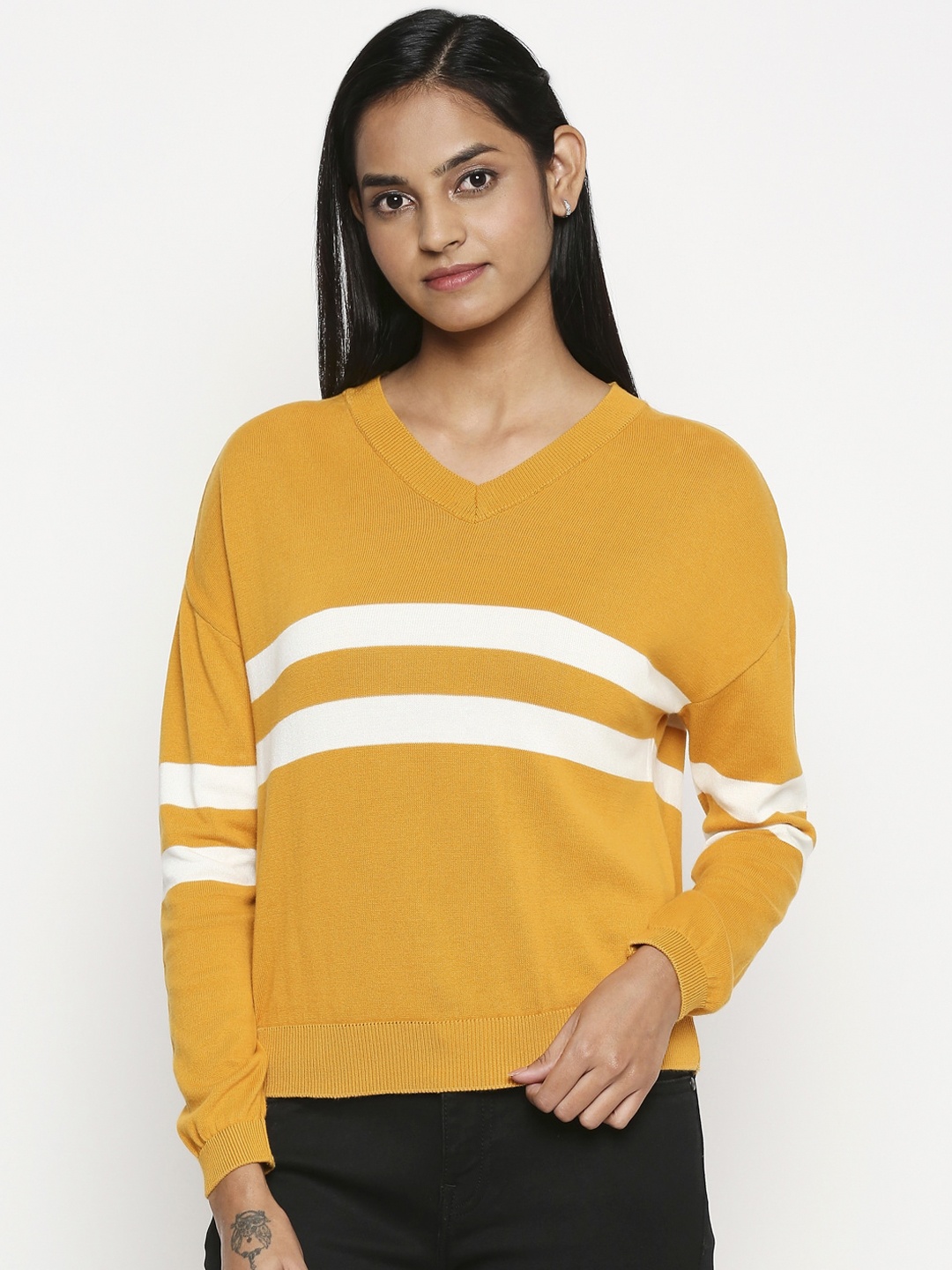 

People Women Yellow & White Striped Cotton Pullover Sweater