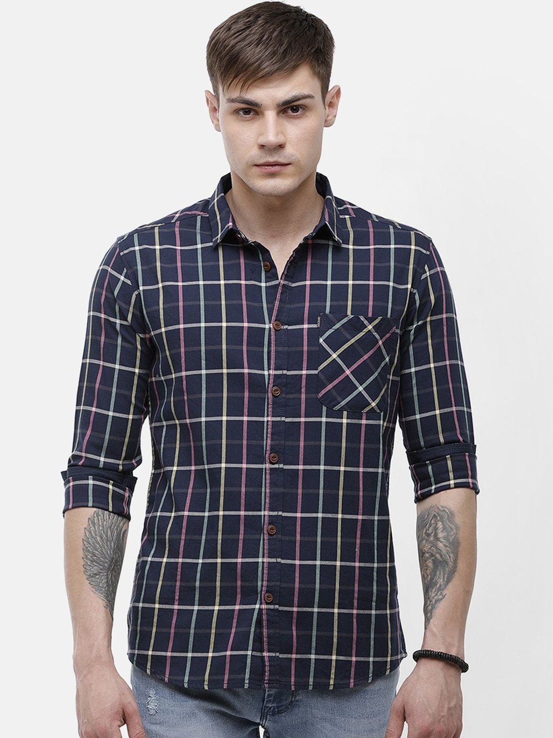 

Voi Jeans Men Navy Blue Slim Fit Checked Casual Cotton Shirt