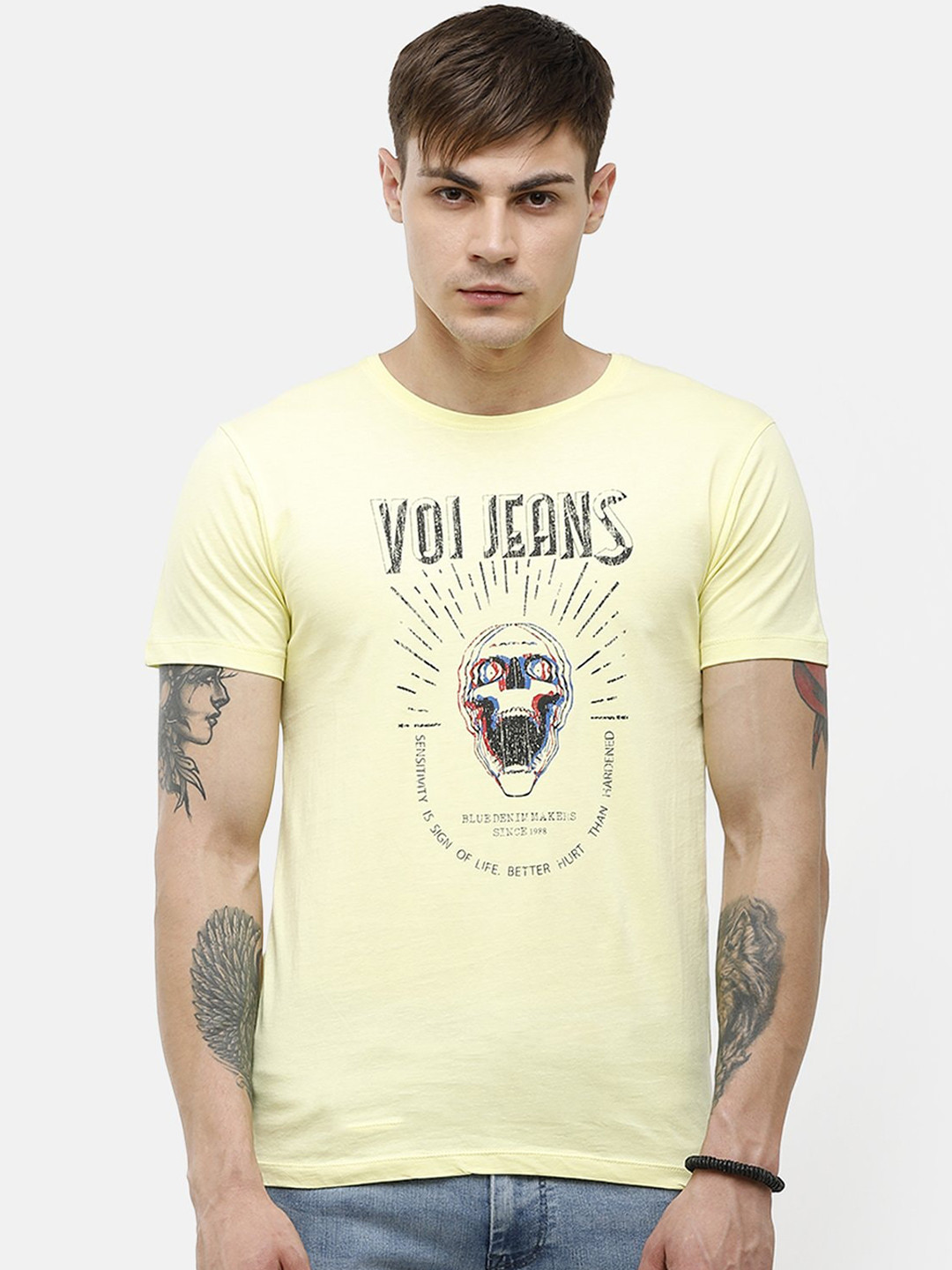 

Voi Jeans Men Yellow Printed Round Neck Cotton Pure Cotton T-shirt