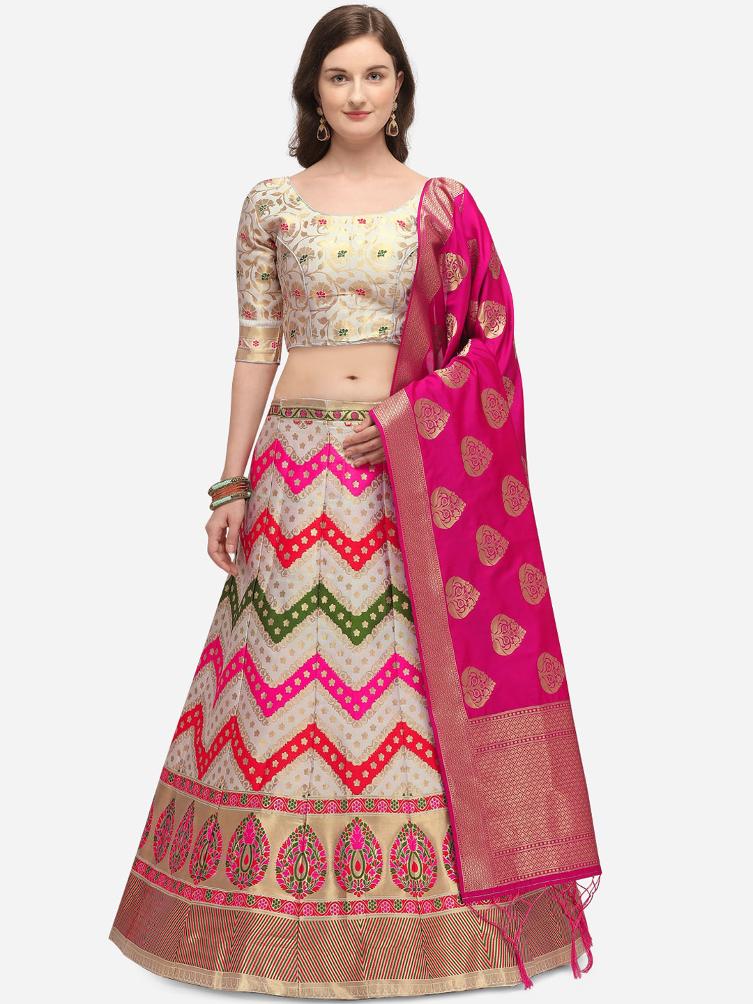 

JATRIQQ Cream-Coloured & Pink Woven Design Semi-Stitched Lehenga & Unstitched Blouse with Dupatta