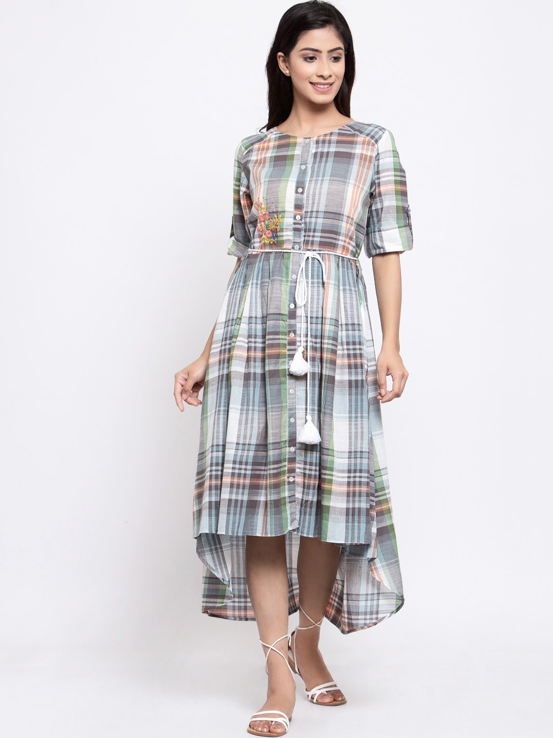 

TERQUOIS Women Green Checked Cotton A-Line Dress