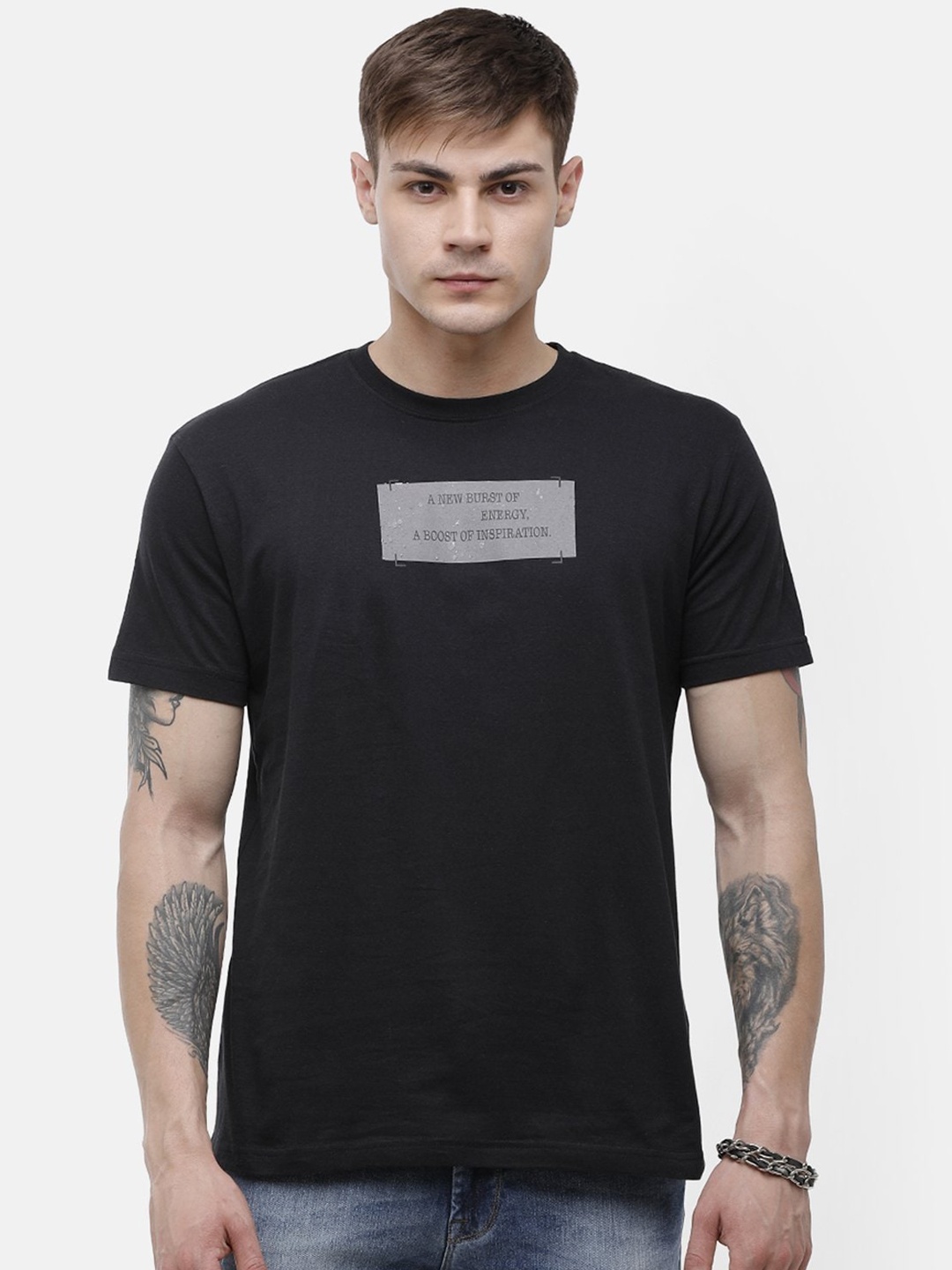 

Voi Jeans Men Black Printed Round Neck Cotton Pure Cotton T-shirt
