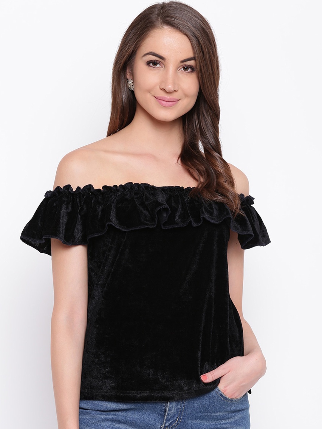 

Mayra Black Off-Shoulder Flared Sleeves Bardot Top