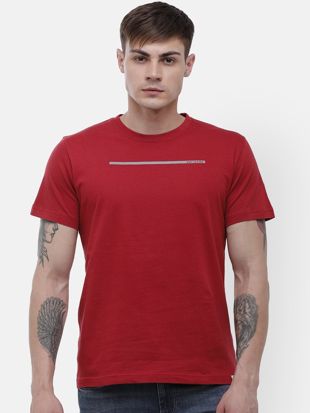 

Voi Jeans Men Red Solid Round Neck Cotton T-shirt