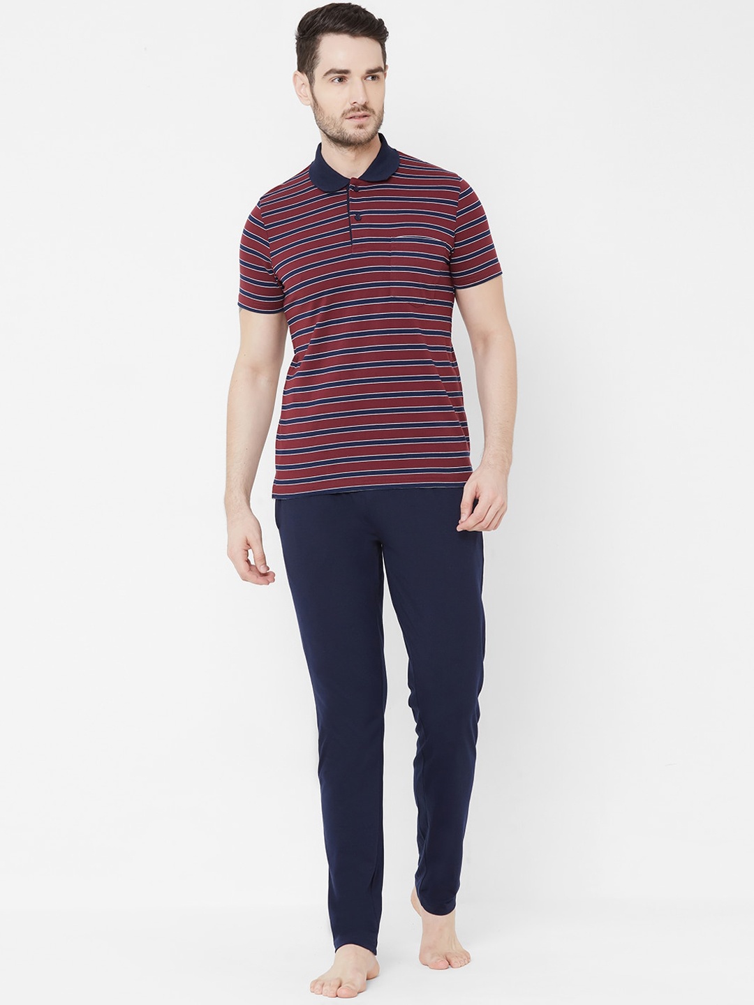 

Sweet Dreams Men Maroon & Navy Blue Striped Night Suit