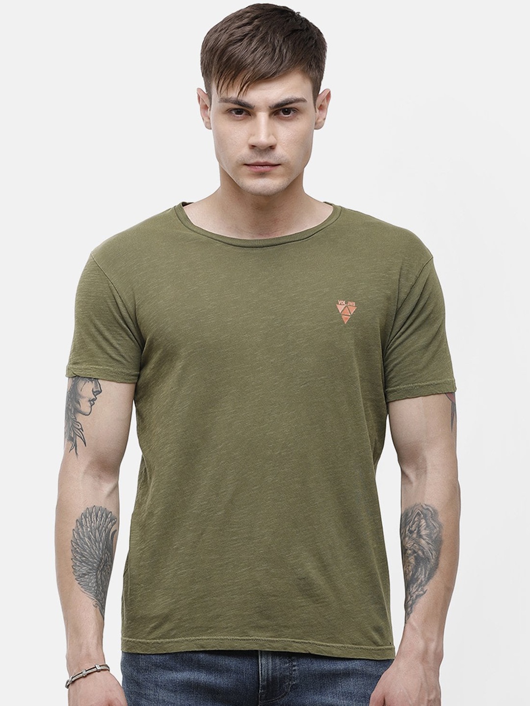 

Voi Jeans Men Olive Green Solid Round Neck Cotton Pure Cotton T-shirt