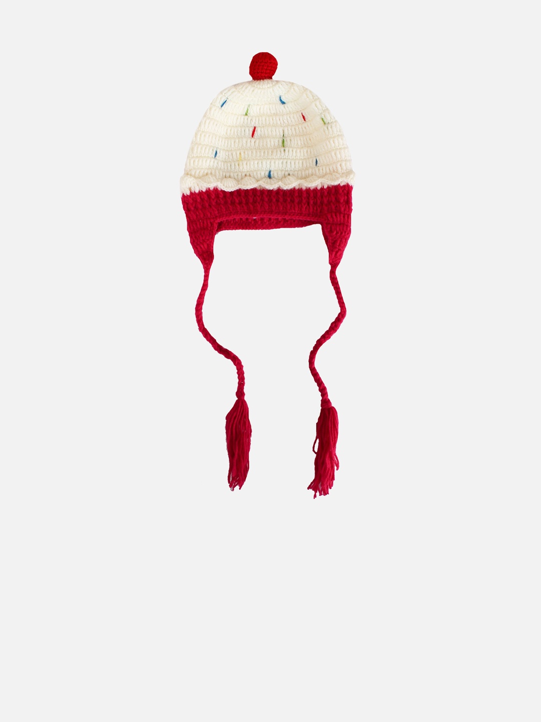 

Woonie Kids White & Red Self Design Handmade Beanie