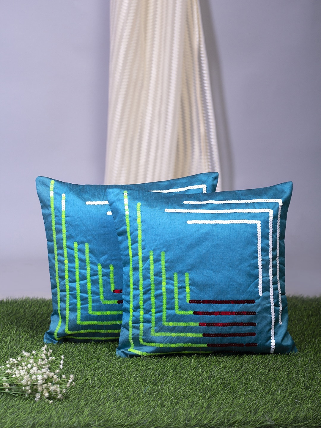 

Alina decor Blue & Green Set of 2 Embellished Square Cushion Covers