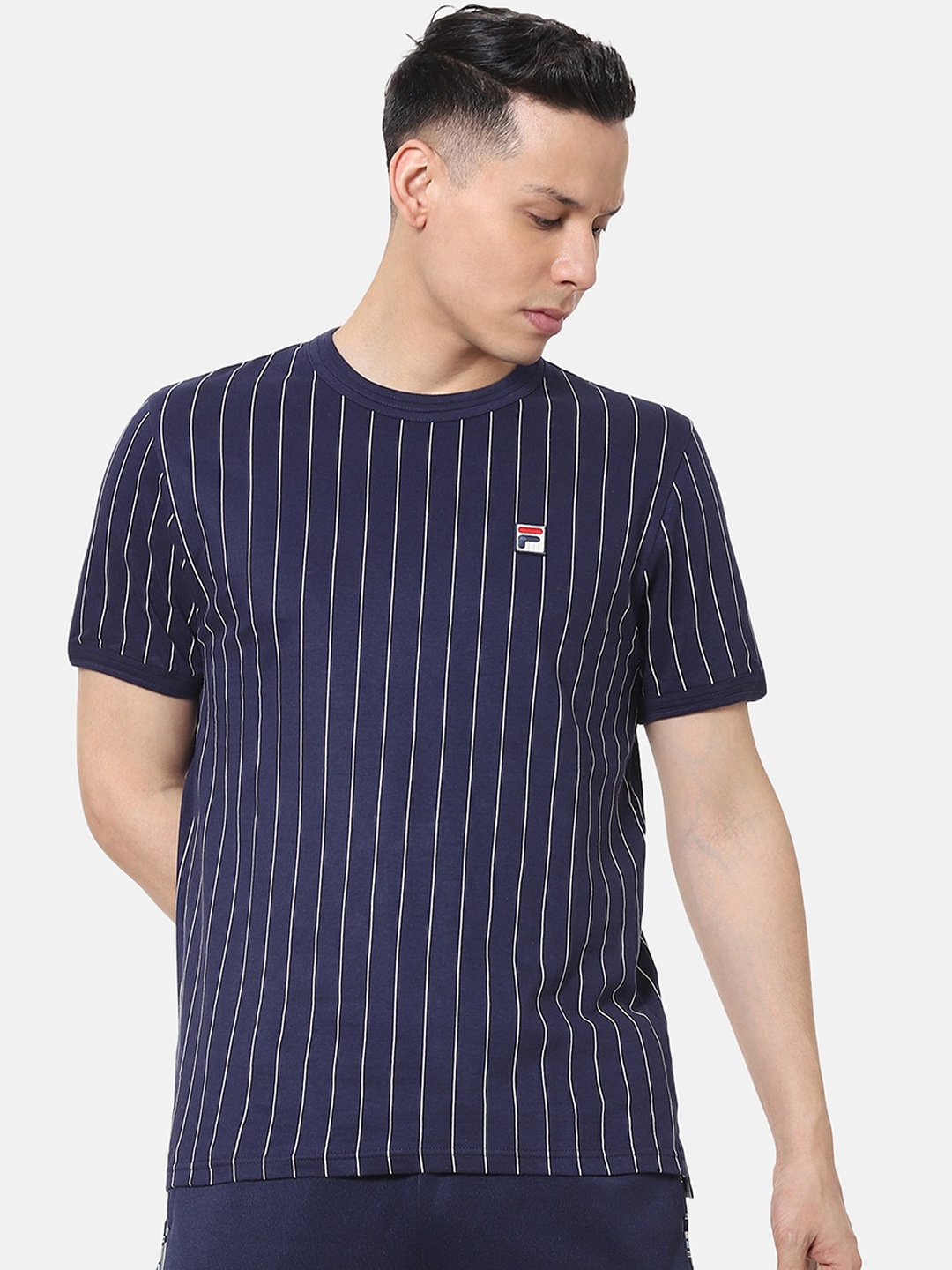 

FILA Men Navy Blue Striped Round Neck T-shirt