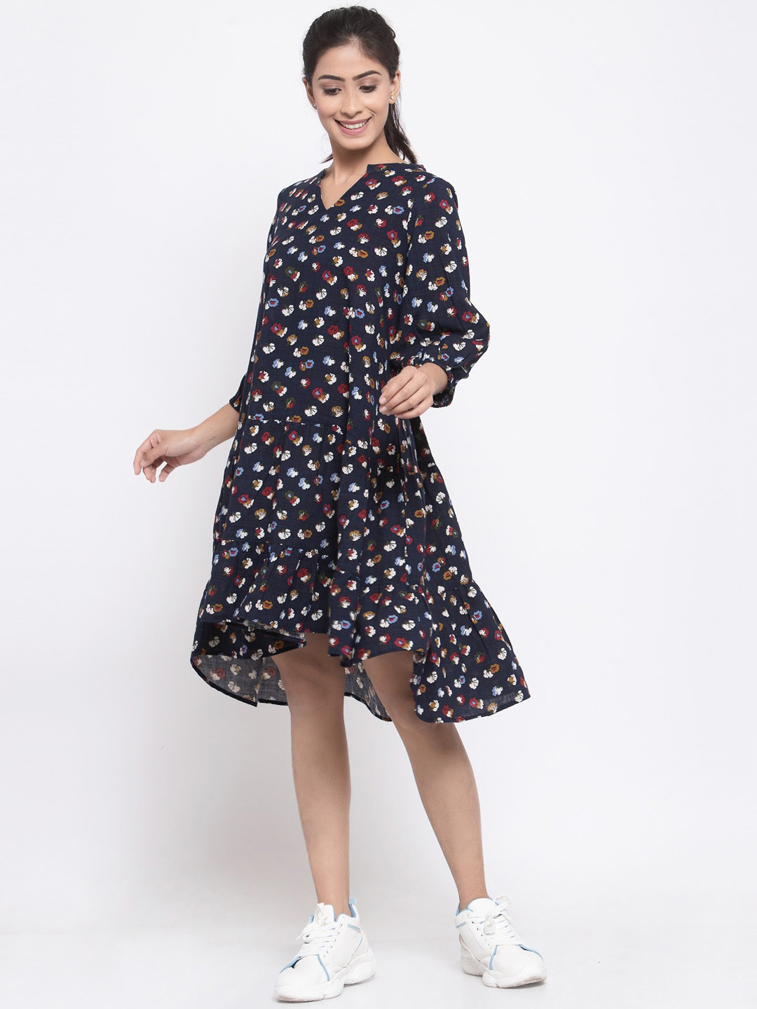

TERQUOIS Women Navy Blue Printed High Low Fit & Flared Dress