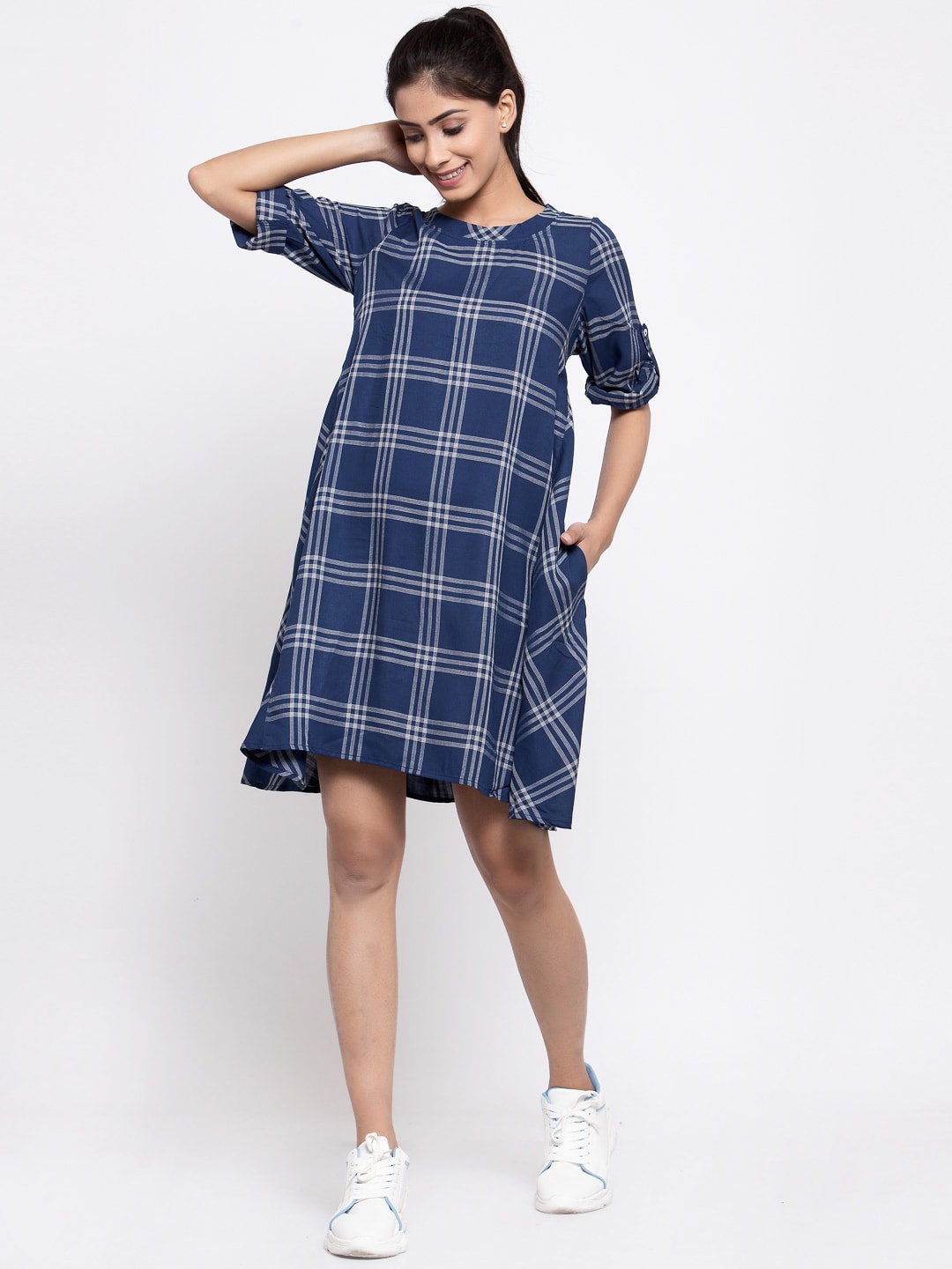 

TERQUOIS Women Blue Checked A-Line Oversized Dress
