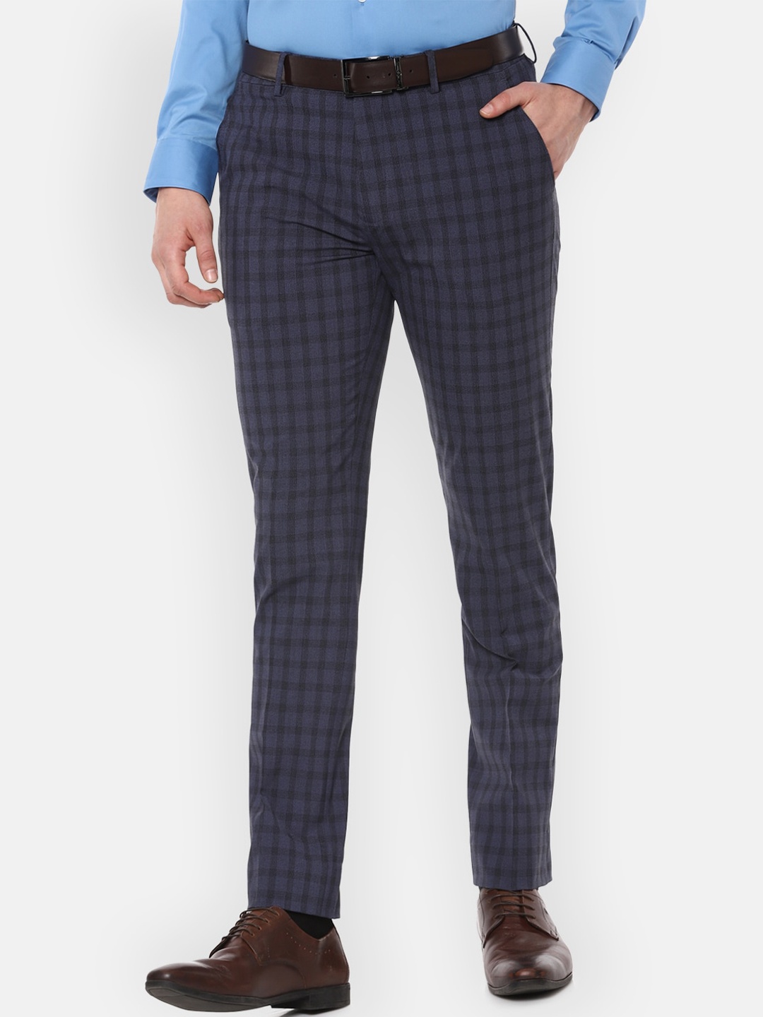 

Louis Philippe Men Navy Blue Slim Fit Checked Formal Trousers