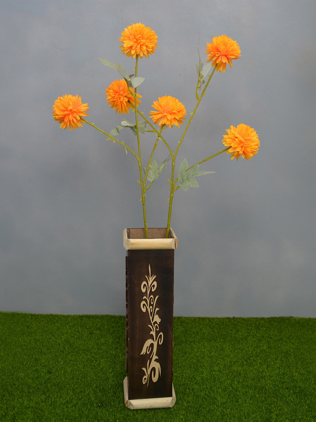 

fancy mart Set of 2 Orange & Green Artificial Dahlia Flower Heads With Sticks