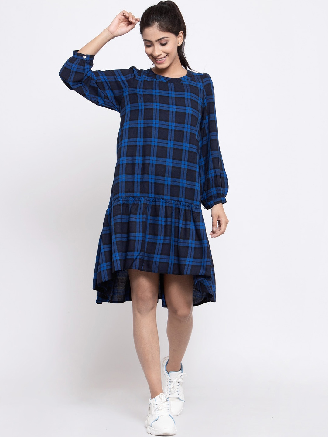 

TERQUOIS Women Blue Checked Drop-Waist Oversized Dress