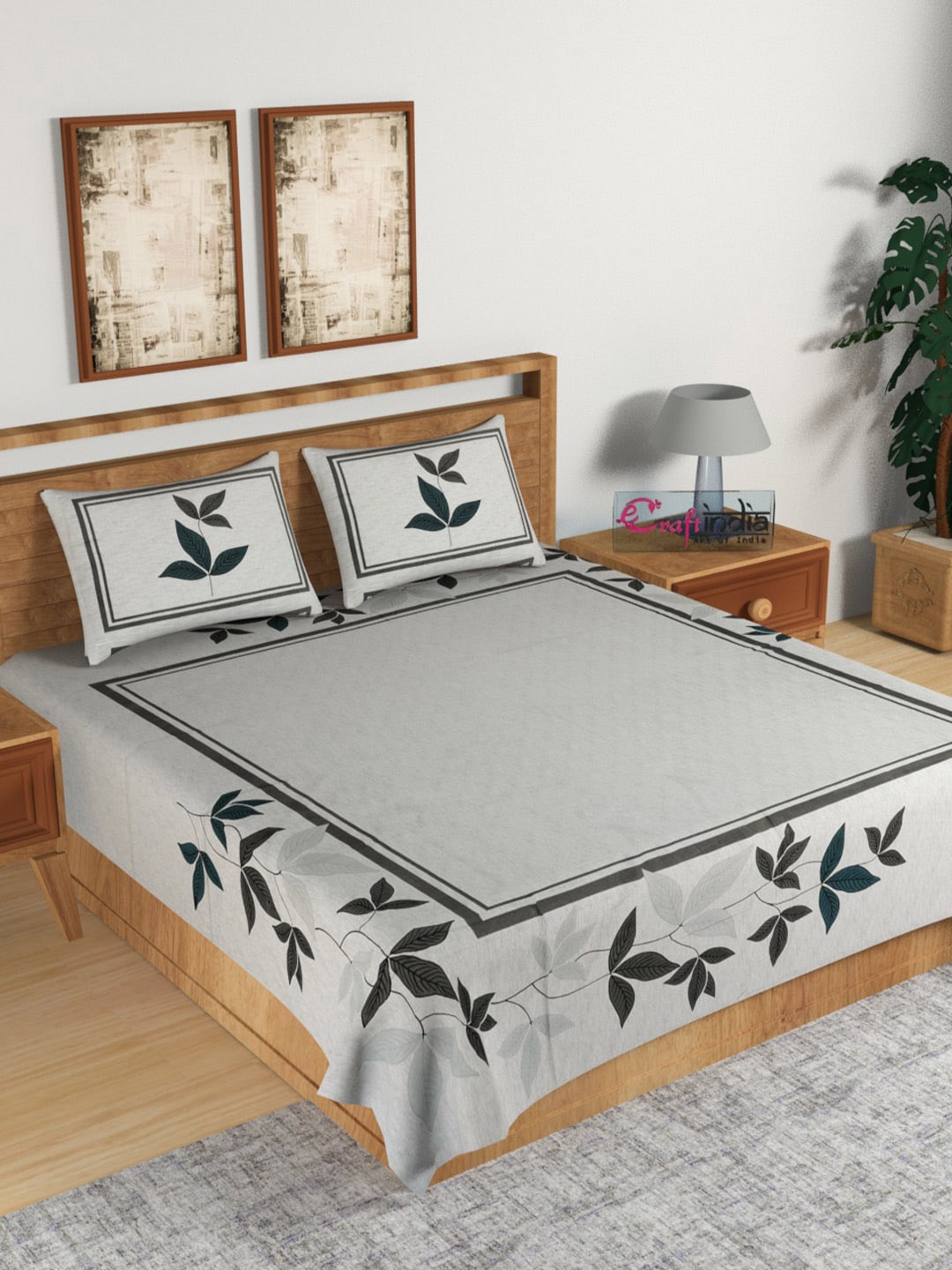 

eCraftIndia Grey & Teal Floral 180 TC Cotton 1 King Bedsheet with 2 Pillow Covers