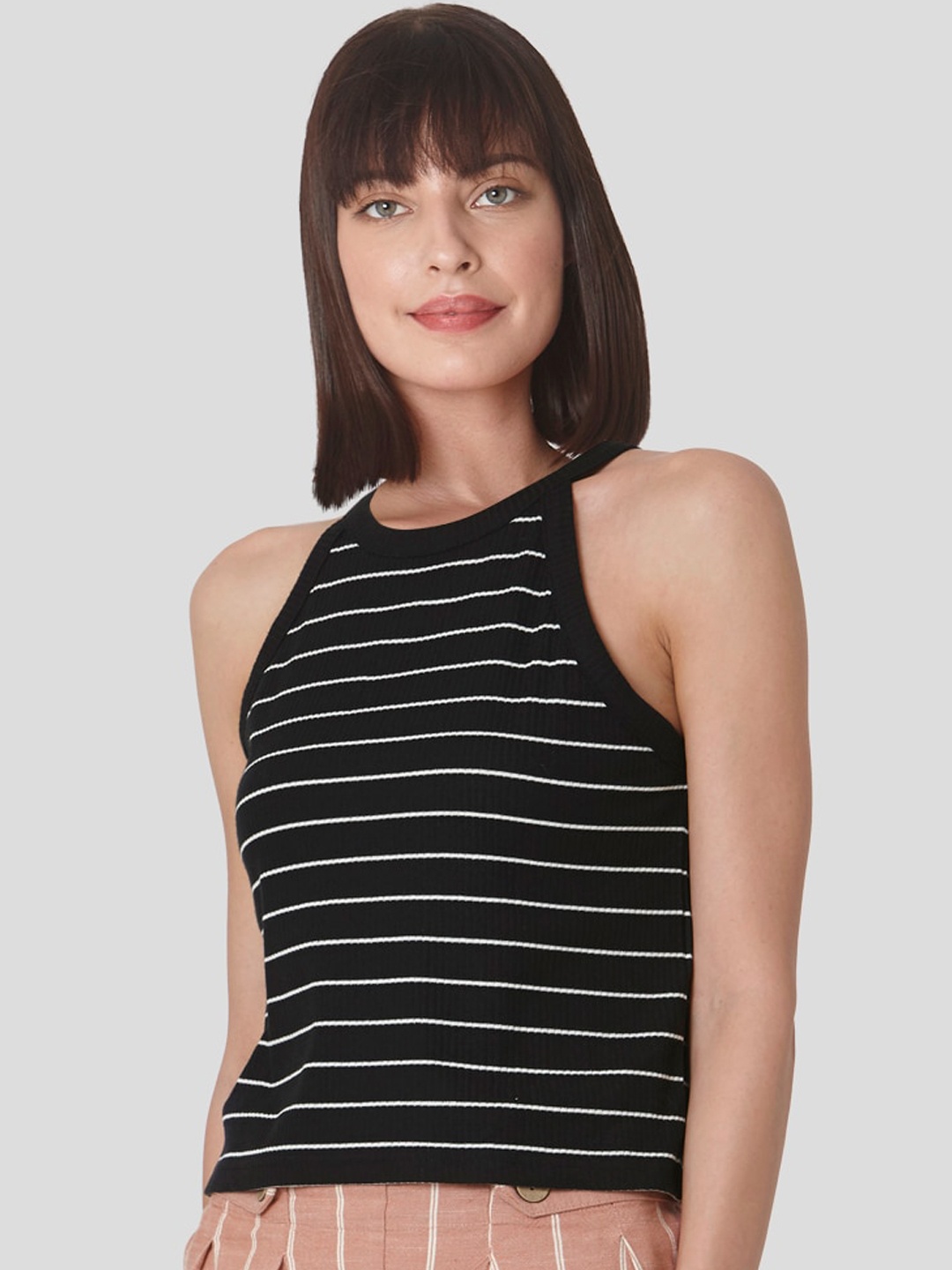 

Vero Moda Black & Off White Striped Halter Neck Pure Cotton Tank Top