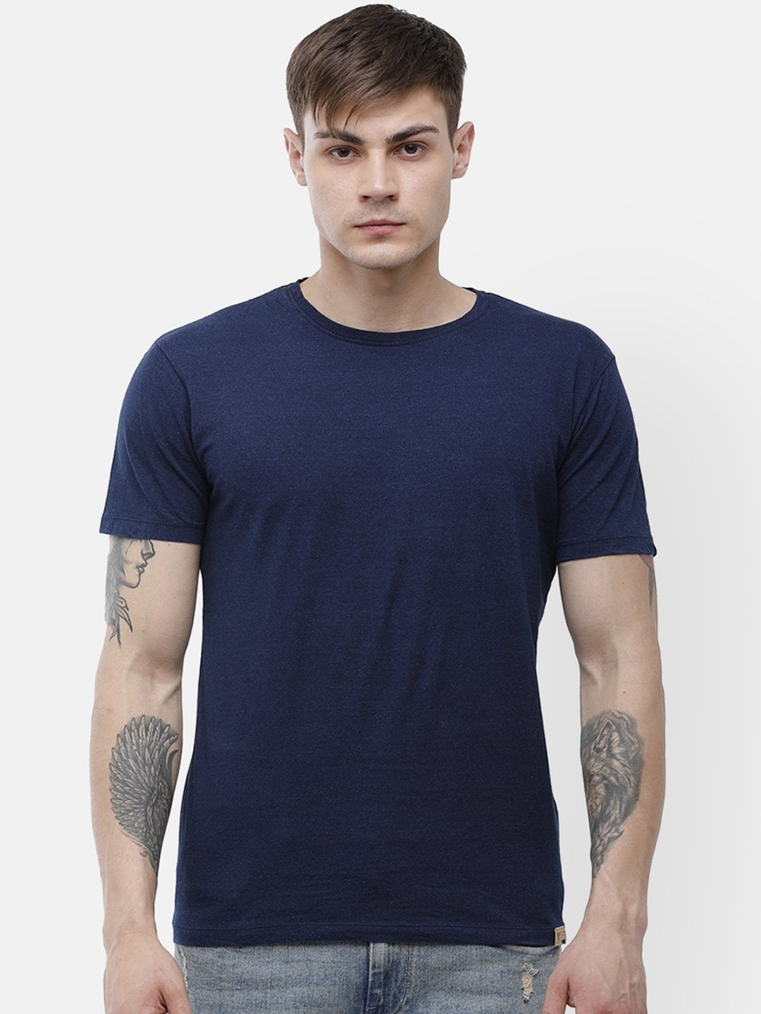 

Voi Jeans Men Navy Blue Solid Round Neck Pure Cotton T-shirt