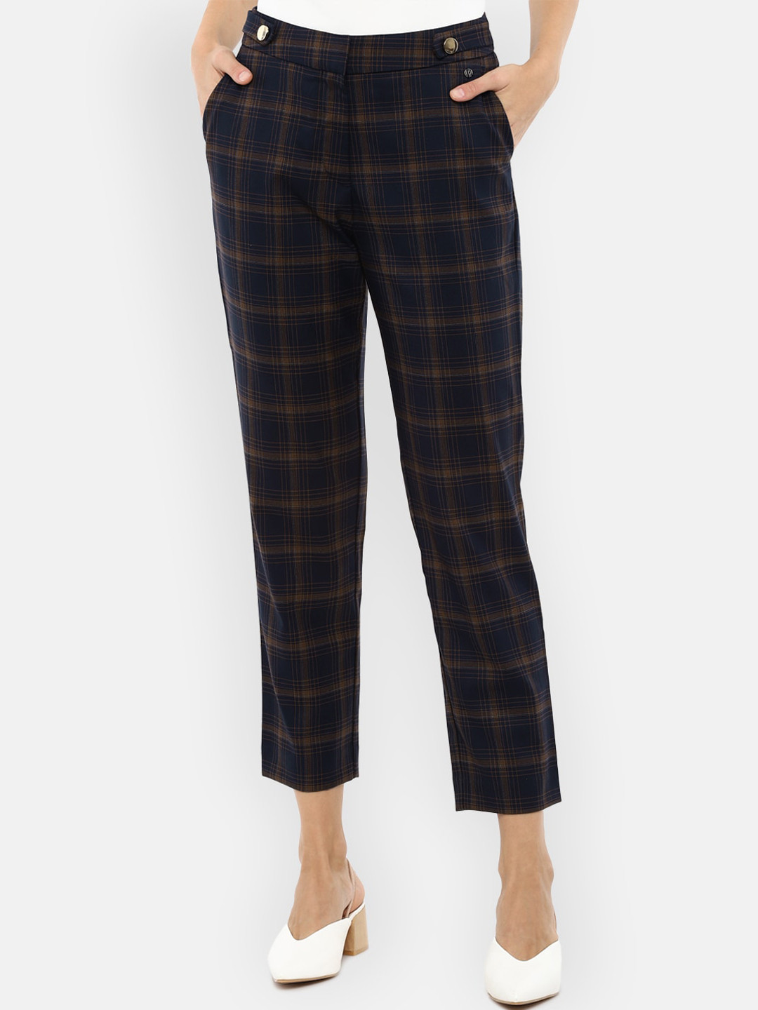 

Van Heusen Woman Women Navy Blue Regular Fit Checked Peg Trousers