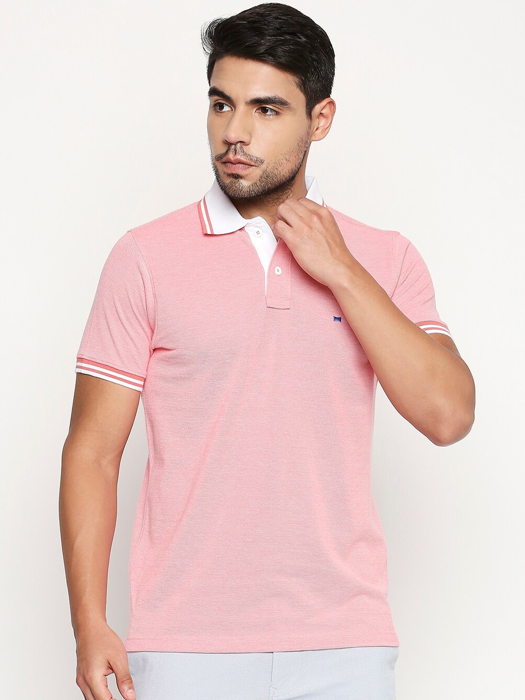 

Basics Men Pink Solid Organic Cotton Polo Collar T-shirt