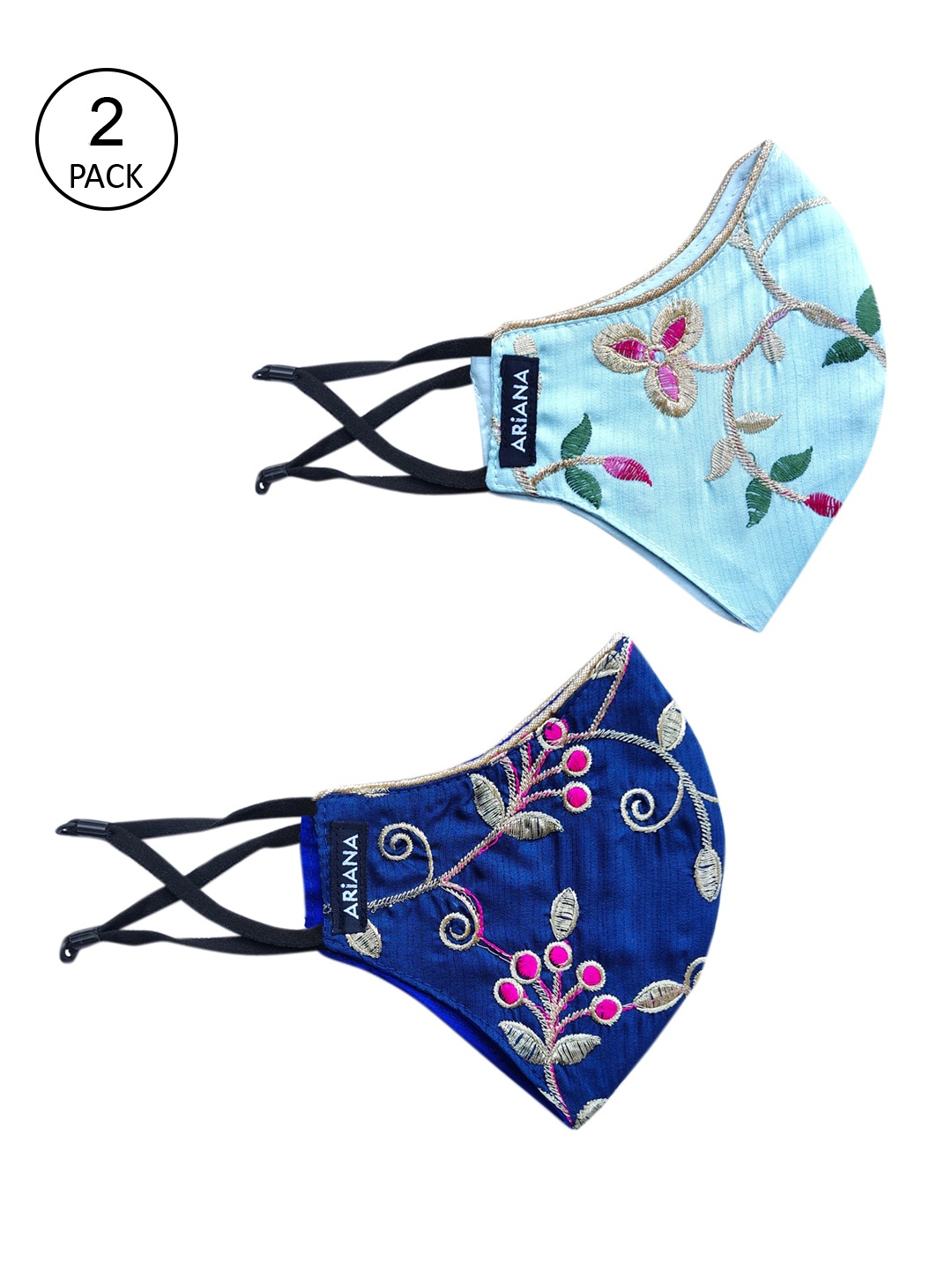 Ariana Women Pack Of 2 Floral Embroidered 2-Ply Reusable Cloth Face Masks, Blue