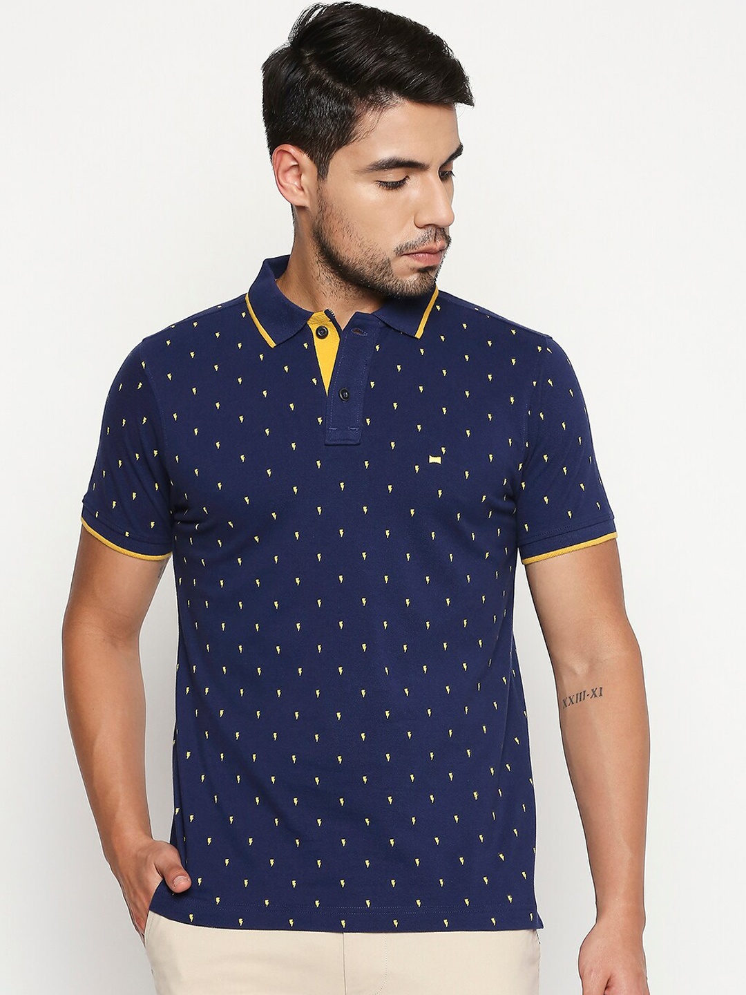 

Basics Men Navy Blue Printed Polo Collar T-shirt