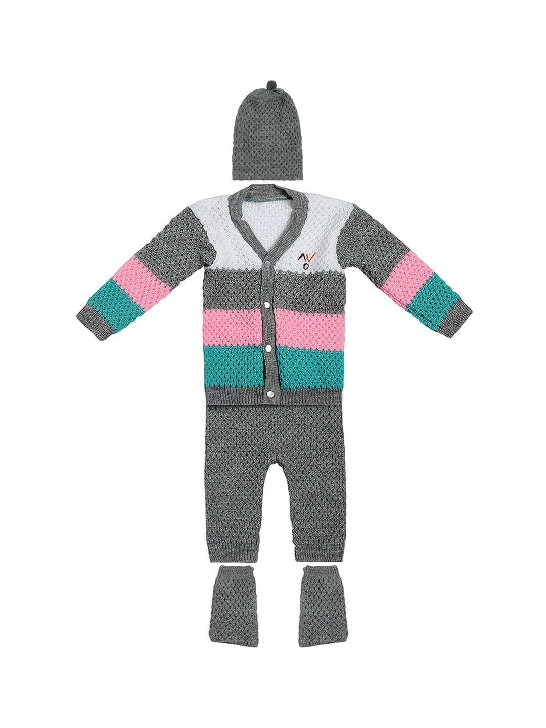

Superminis Unisex Kids Grey & Pink Self Design Woolen Shirt with Pyjamas Cap & Booties