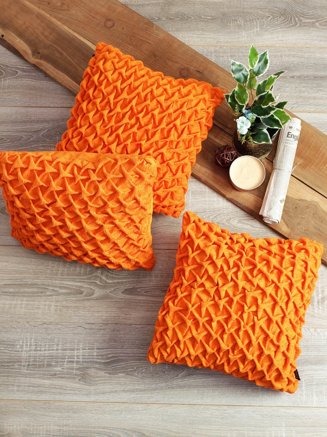 

ROMEE Orange Set of 3 Self Design Square Chenille Cushion Covers