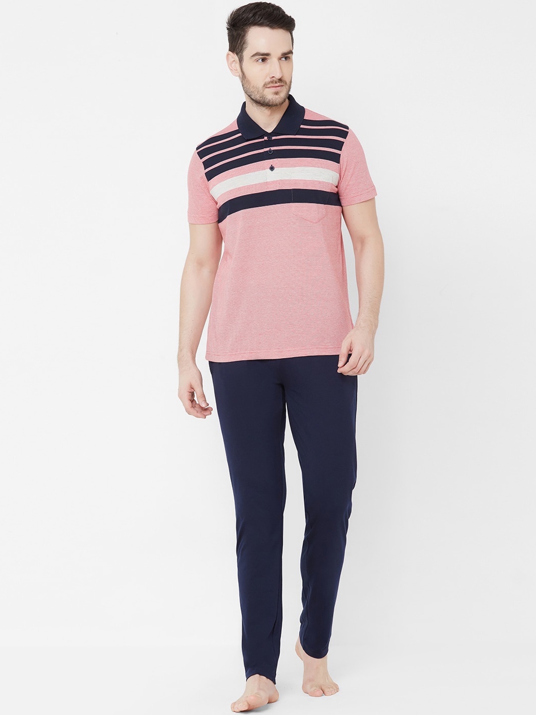 

Sweet Dreams Men Red & Navy Blue Striped Night suit