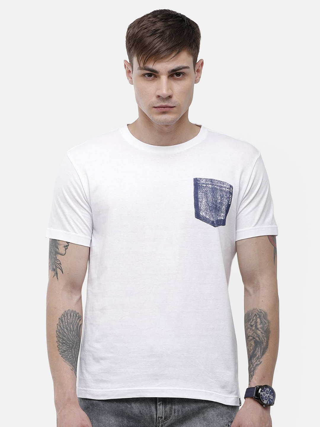 Voi Jeans Men White Solid Round Neck Cotton Pure Cotton T-shirt