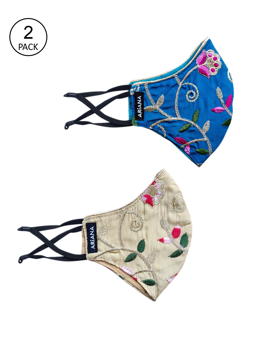 

Ariana Women Pack Of 2 Floral Embroidered 2-Ply Reusable Cloth Face Masks, Blue