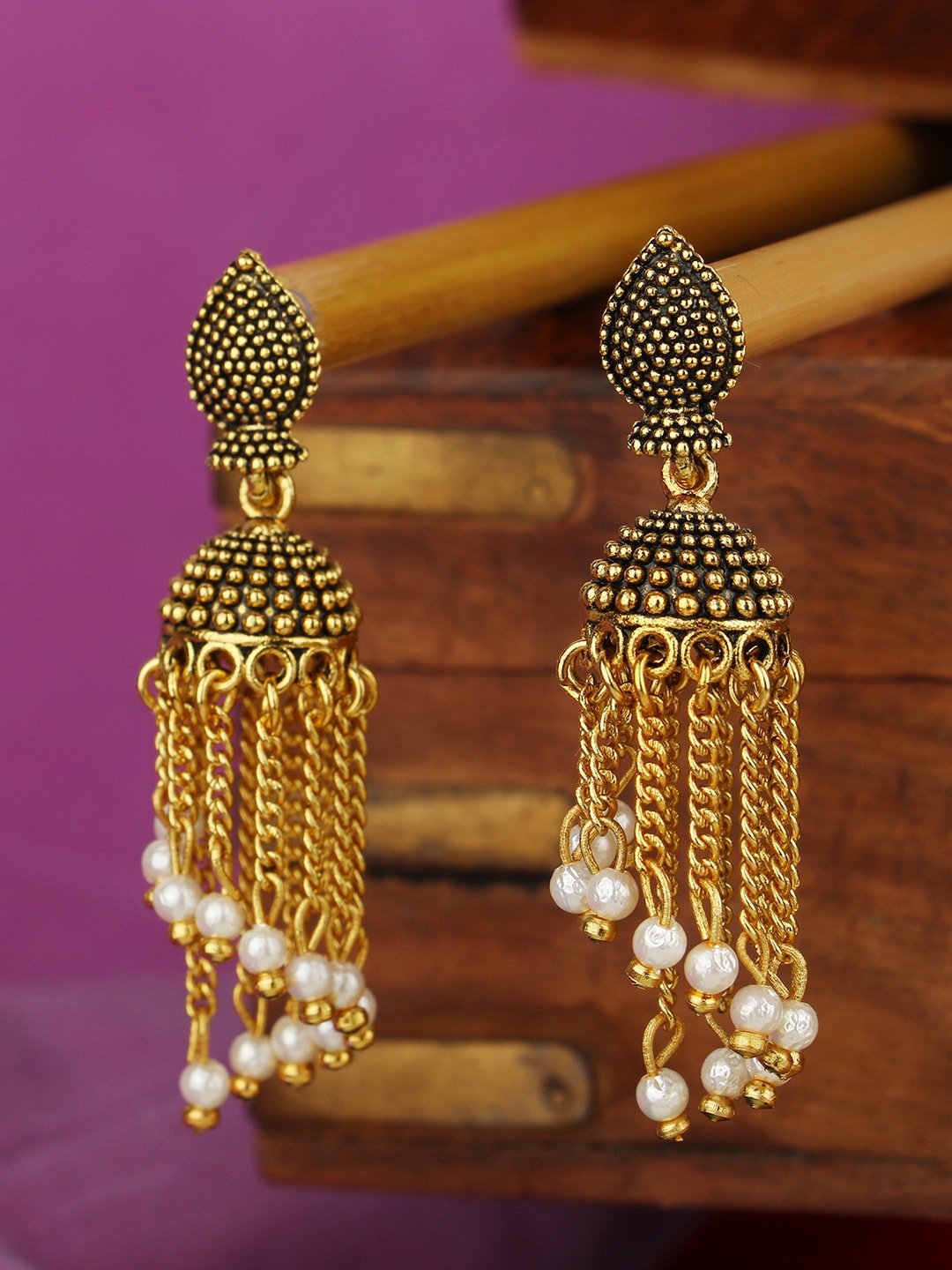 ANIKAS CREATION Gold-Toned Dome Shaped Drop Earrings